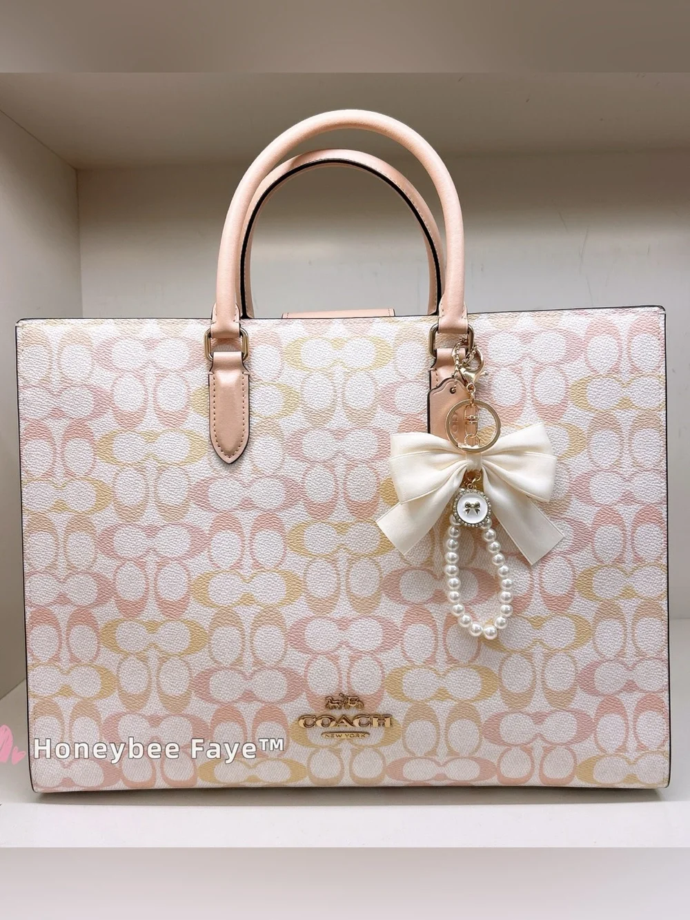 Coach Maggie tote Pink and Cream Signature Tote with Bow Pearl Charm large size
